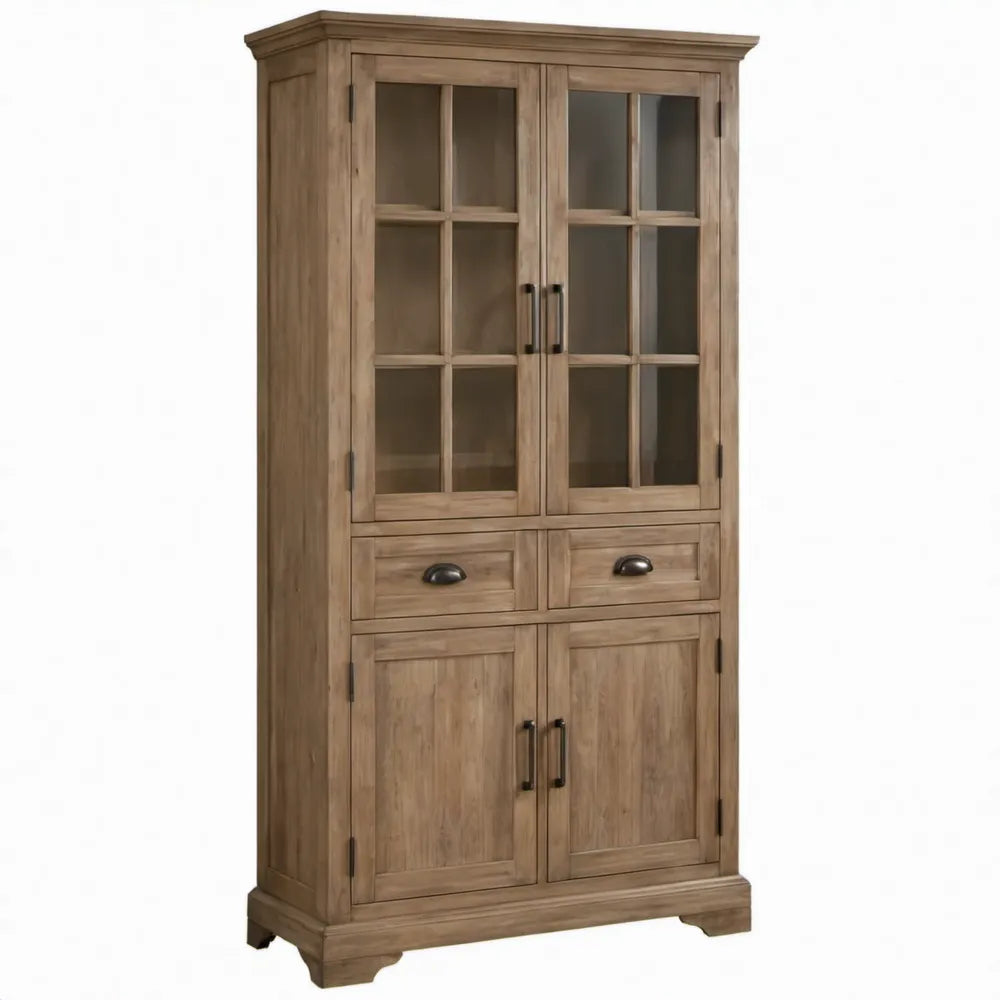 Bruine massief grenenhouten vitrinekast met glazen deuren, 100 x 45 x 200 cm