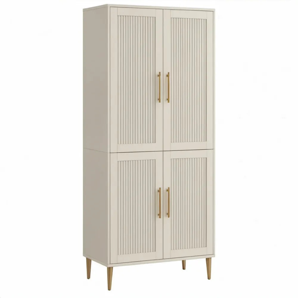 Crèmekleurige opbergkast met 4 deuren en goudkleurige handgrepen, 80 x 40 x 180 cm