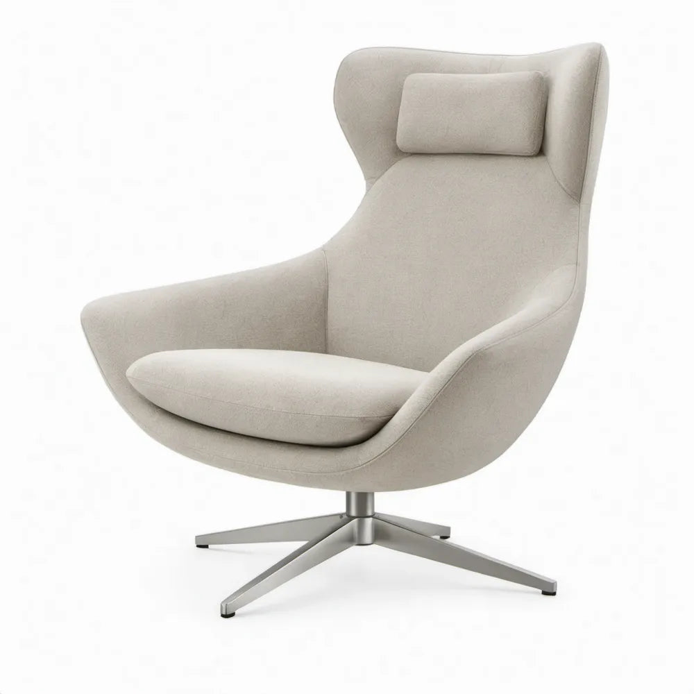 Draaibare fauteuil met hoge rugleuning en hoofdkussen, 80 x 88 x 110 cm, beige, aluminium kruisvoet
