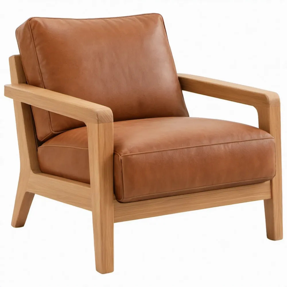 Loungefauteuil met armleuningen 78 x 82 x 84 cm in cognac PU-kunstleer en naturel eikenhout