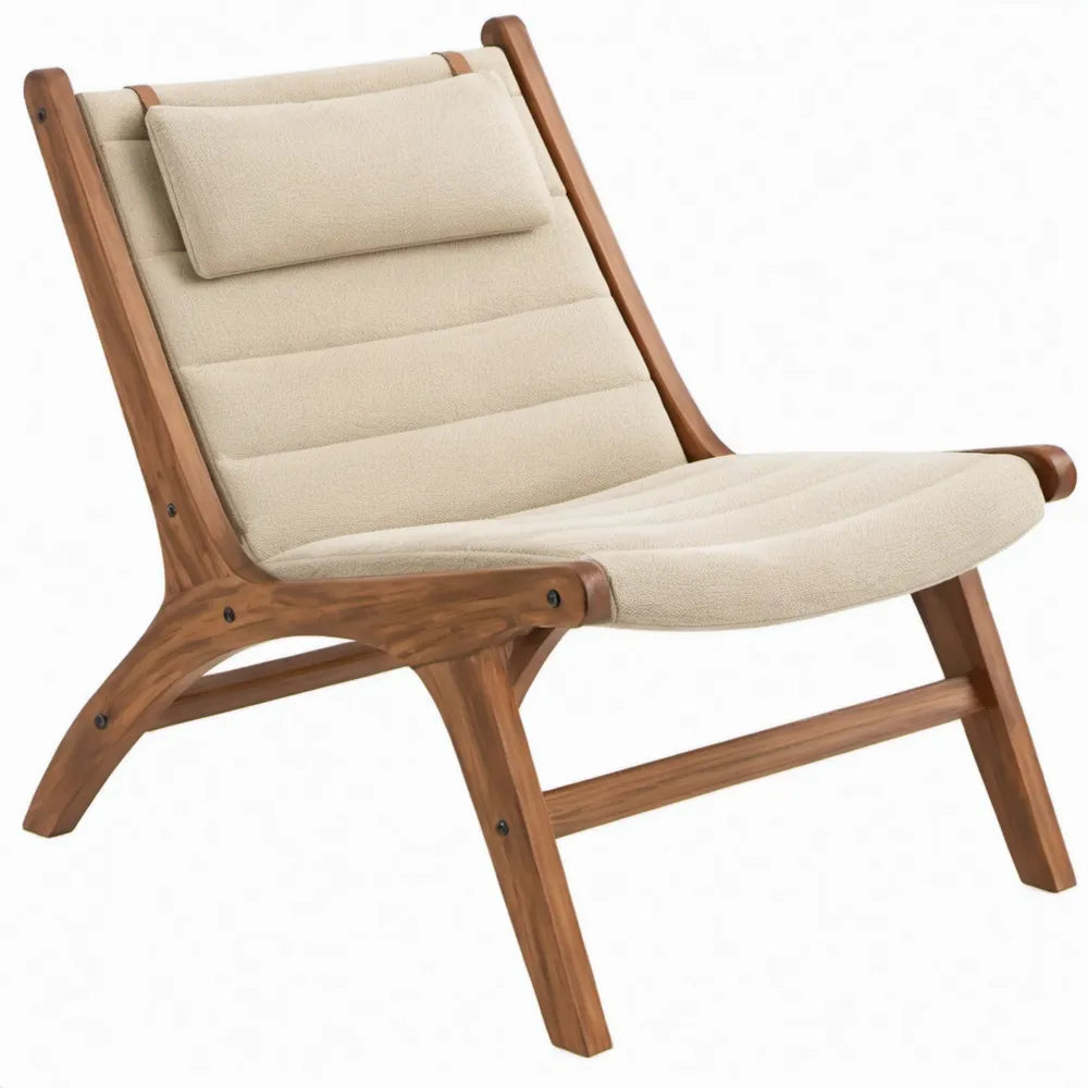 Beige loungefauteuil met hoofdsteun van massief acaciahout, 68 x 82 x 92 cm