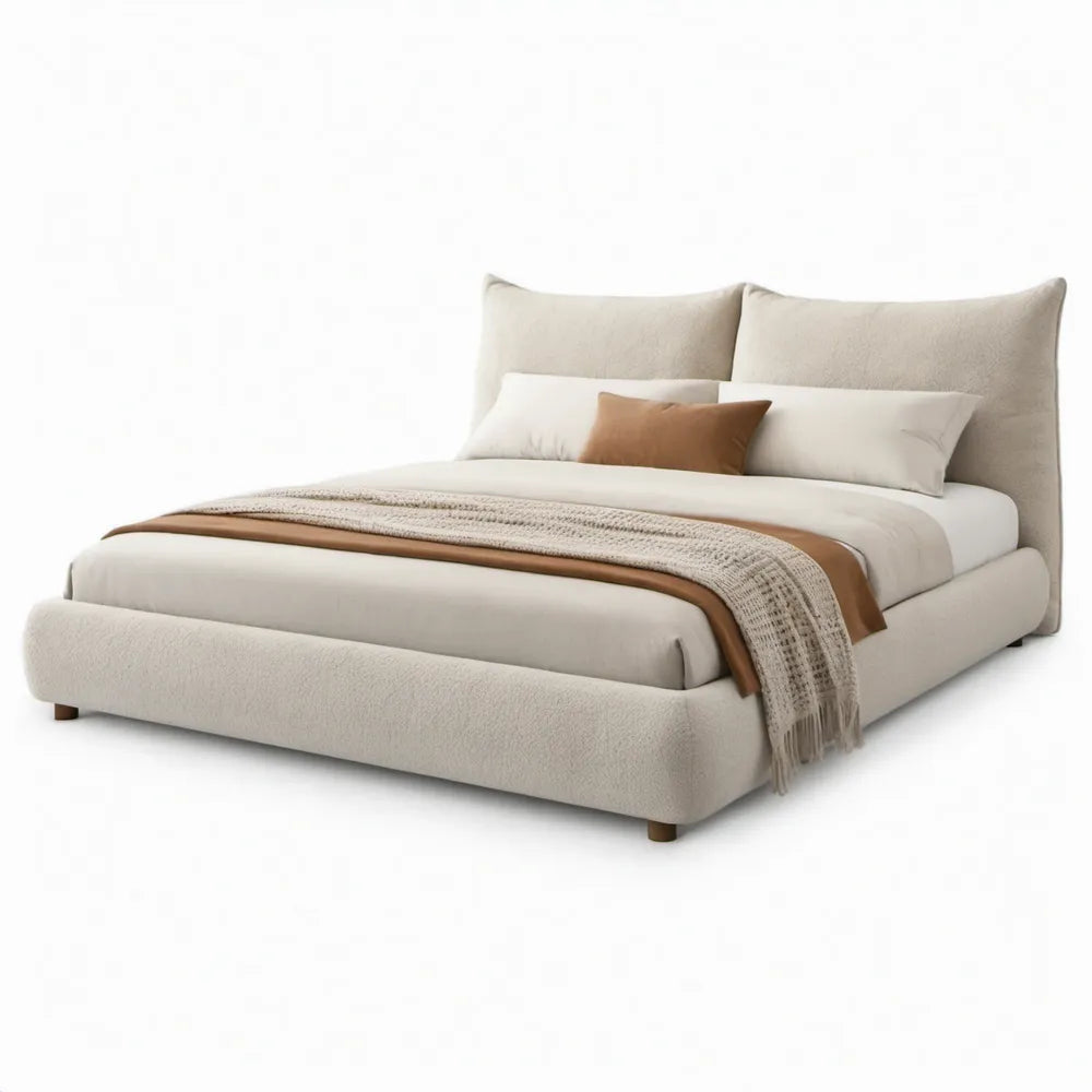 Gestoffeerd tweepersoonsbed 160 x 200 cm in crèmekleurige bouclé met hoog hoofdbord