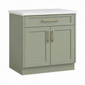 Saliegroene opbergkast met 2 deuren en lade, 80 x 45 x 85 cm, wit kunststenen blad
