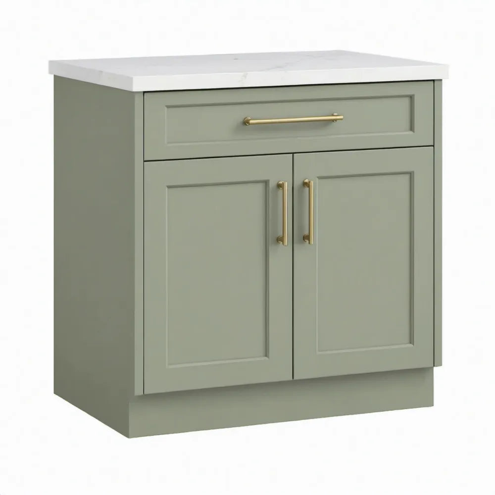 Saliegroene opbergkast met 2 deuren en lade, 80 x 45 x 85 cm, wit kunststenen blad