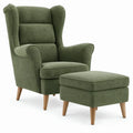 Olijfgroene oorfauteuil met voetenbank en houten poten – 78 x 85 x 105 cm