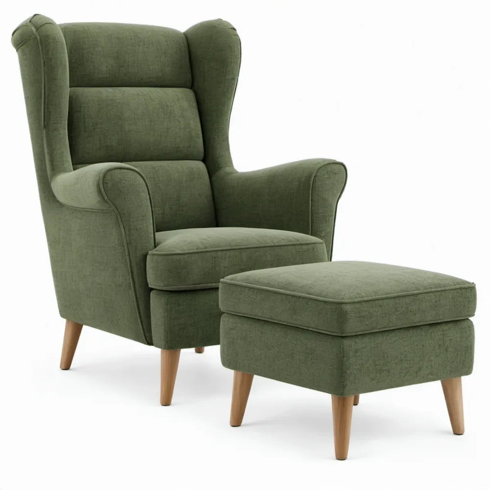 Olijfgroene oorfauteuil met voetenbank en houten poten – 78 x 85 x 105 cm