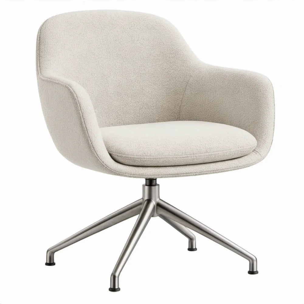 Draaibare loungestoel van crèmekleurige bouclé met zilvergrijs vierpoots onderstel, 75 x 73 x 80 cm