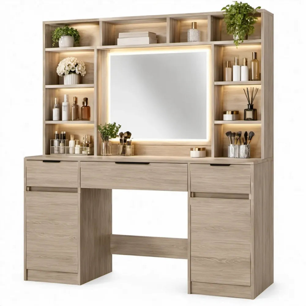 Kaptafel met LED-spiegel en opbergkasten, 120 x 40 x 180 cm, licht eiken