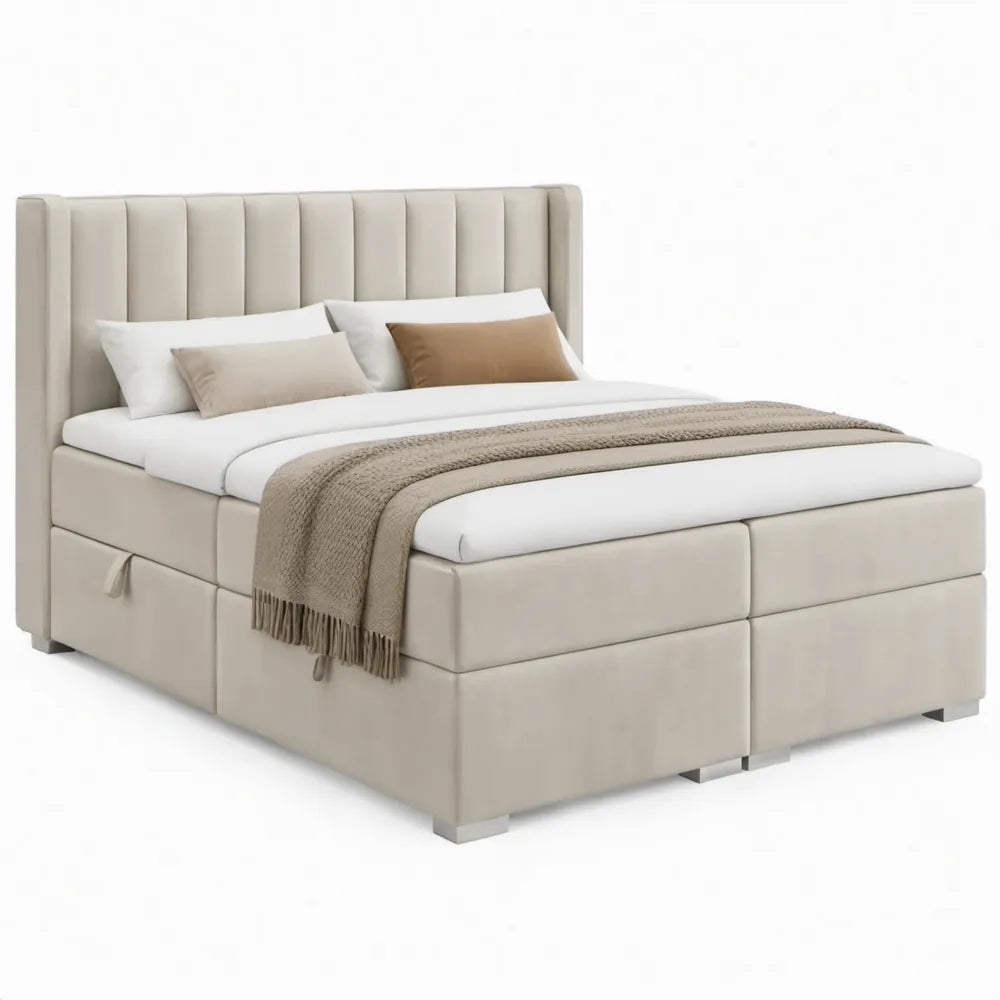 Beige gestoffeerd bed met opberglades en hoog hoofdbord, 180 x 200 cm, PU-kunstleer