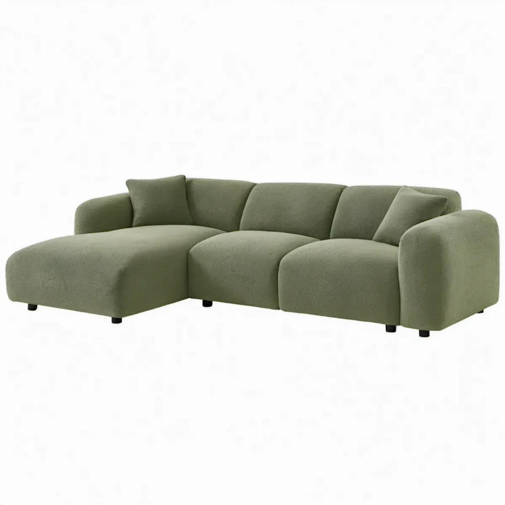 Olijfgroene L-vormige bank met chaise longue links, 260 x 160 x 85 cm