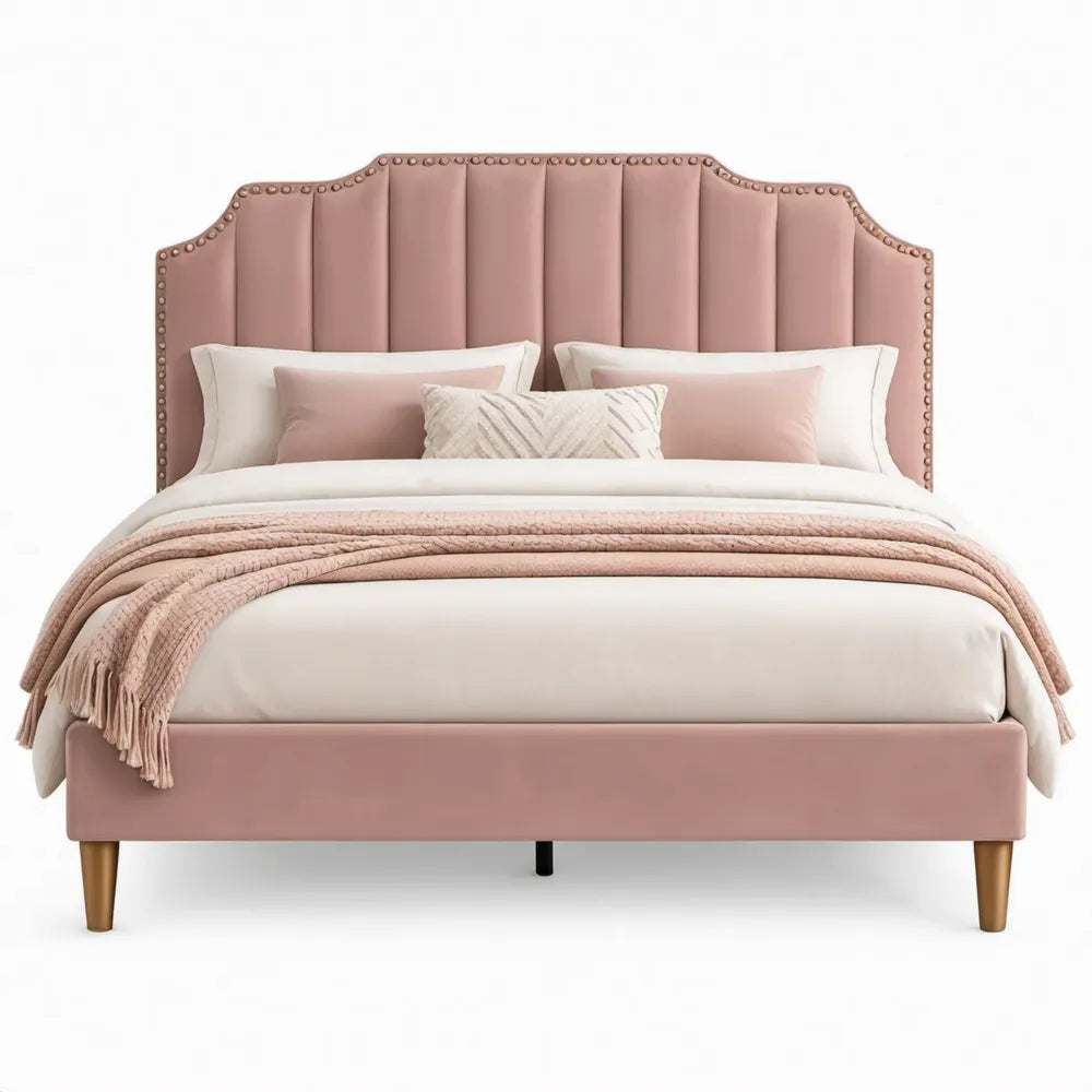 Tweepersoonsbed 160 x 200 cm in roze fluweel met verticaal gestikt hoofdbord en goudkleurige poten