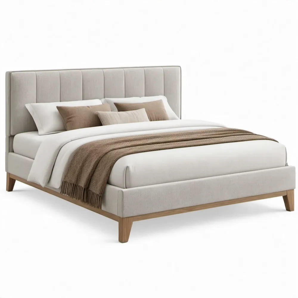 Gestoffeerd tweepersoonsbed 160 x 200 cm lichtgrijs met polyester bekleding en rubberhouten poten