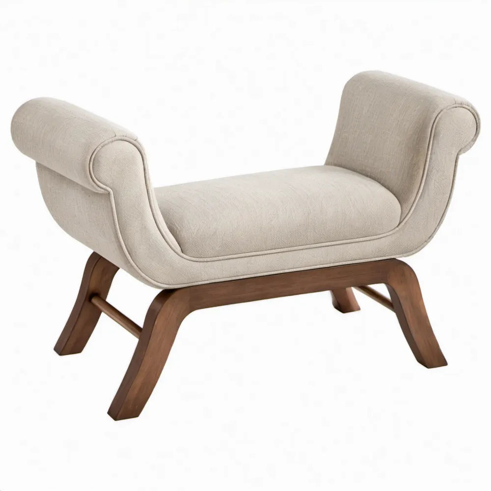 Beige gestoffeerde bank met donkerbruin rubberhouten onderstel, 120 x 45 x 65 cm