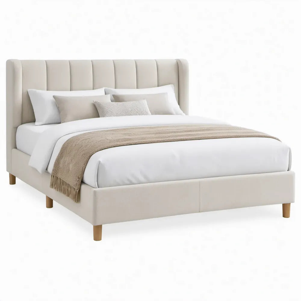 Gestoffeerd tweepersoonsbed 160 x 200 cm met hoofdbord - Crème/Naturel bruin