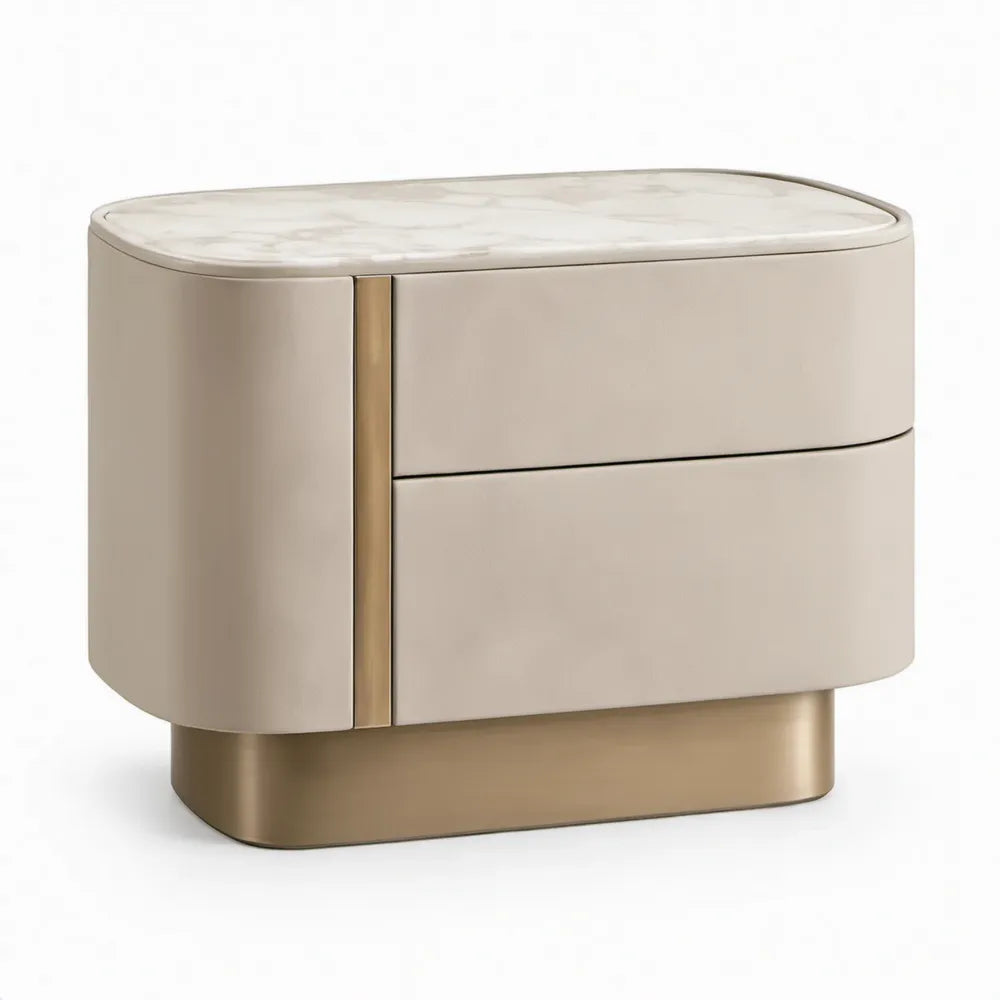 Beige nachtkastje met 2 lades, wit marmerlook blad en gouden accenten, 50 x 40 x 50 cm