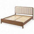 Bedframe 160 x 200 cm van massief rubberhout in walnootbruin met beige gestoffeerd hoofdbord