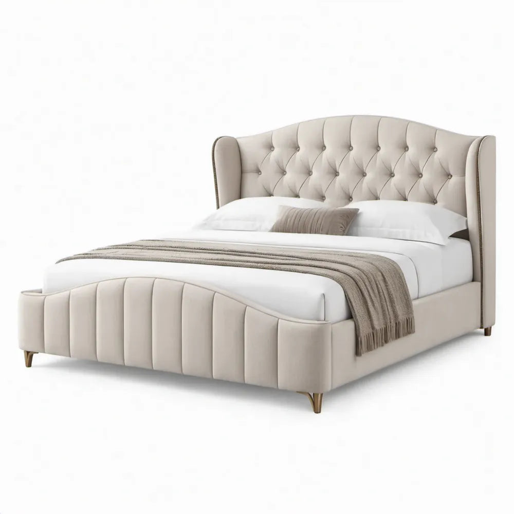 Tweepersoonsbed 160 x 200 cm beige met gebogen gecapitonneerd hoofdbord en goudkleurige poten