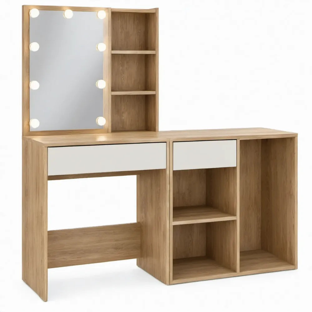 Kaptafel met verlichte spiegel, laden en opbergvakken 120 x 40 x 145 cm, eikenkleurig/wit