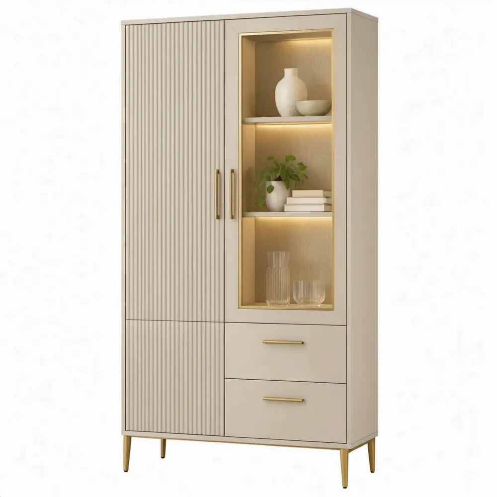 Beige vitrinekast met LED-verlichting, glas en goudkleurige details – 80 x 40 x 180 cm