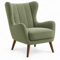 Olijfgroene fauteuil met hoge rugleuning en bruine houten poten, 80 x 85 x 105 cm