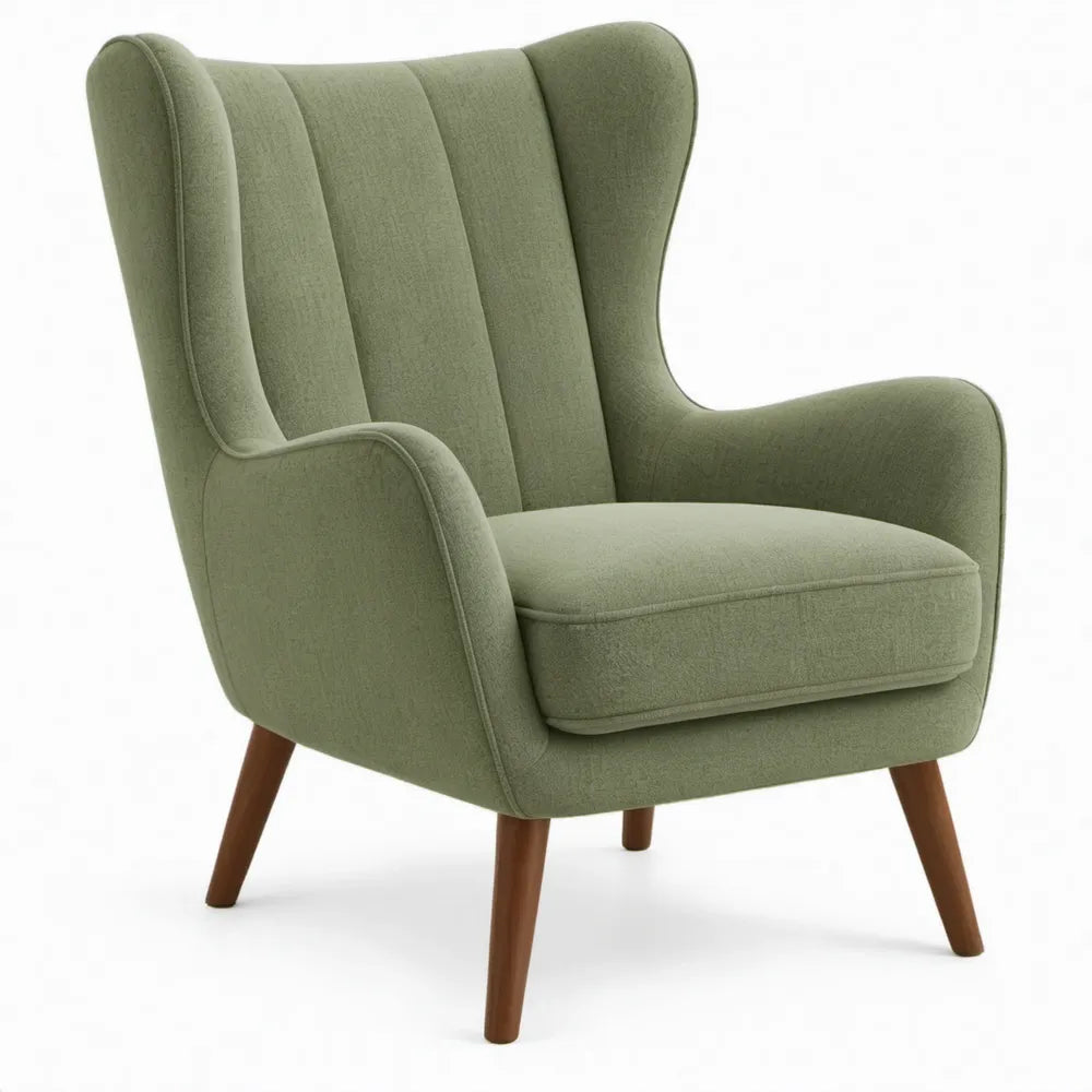 Olijfgroene fauteuil met hoge rugleuning en bruine houten poten, 80 x 85 x 105 cm
