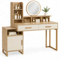 Kaptafel met ronde spiegel en opbergruimte, 120 x 45 x 140 cm, naturel/wit