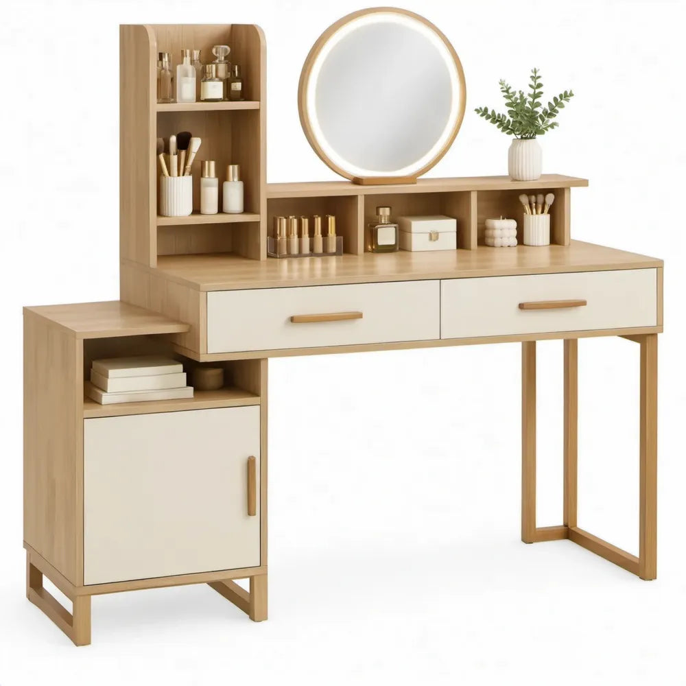 Kaptafel met ronde spiegel en opbergruimte, 120 x 45 x 140 cm, naturel/wit