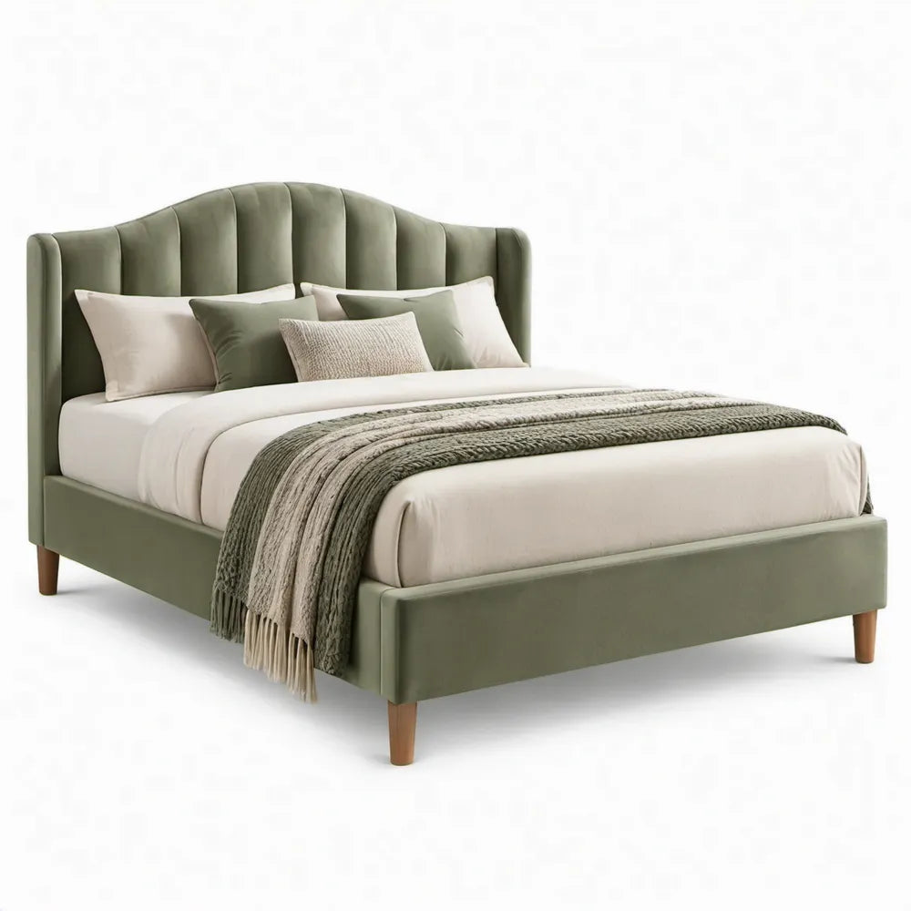 Gestoffeerd bed 160 x 200 cm olijfgroen polyesterfluweel met gebogen hoofdbord