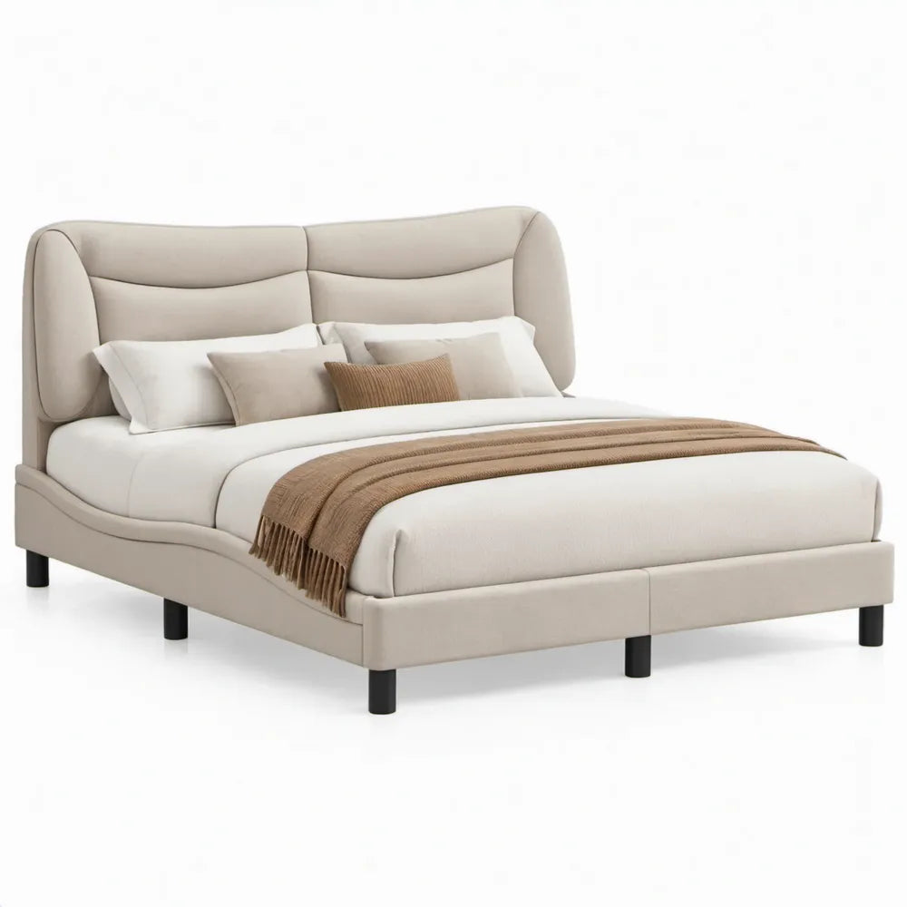 Beige gestoffeerd tweepersoonsbed 180 x 200 cm met gebogen hoofdbord en zwarte stalen poten