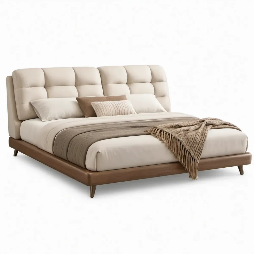 Tweepersoonsbed 180 x 200 cm in beige en bruin met gestoffeerd hoofdbord van PU-kunstleer