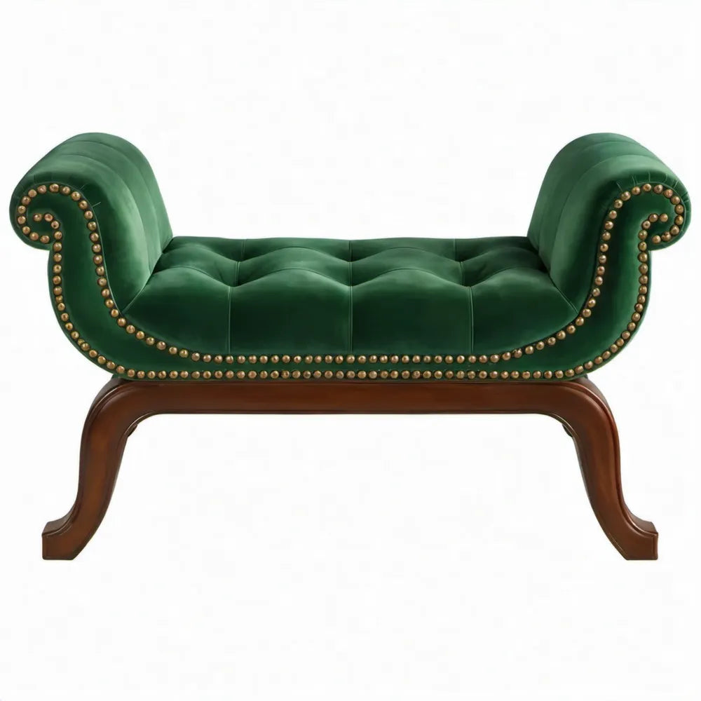 Chaise longue in donkergroen polyesterfluweel met donkerbruine rubberhouten poten en goudkleurige nagels, 150 x 56 x 76 cm