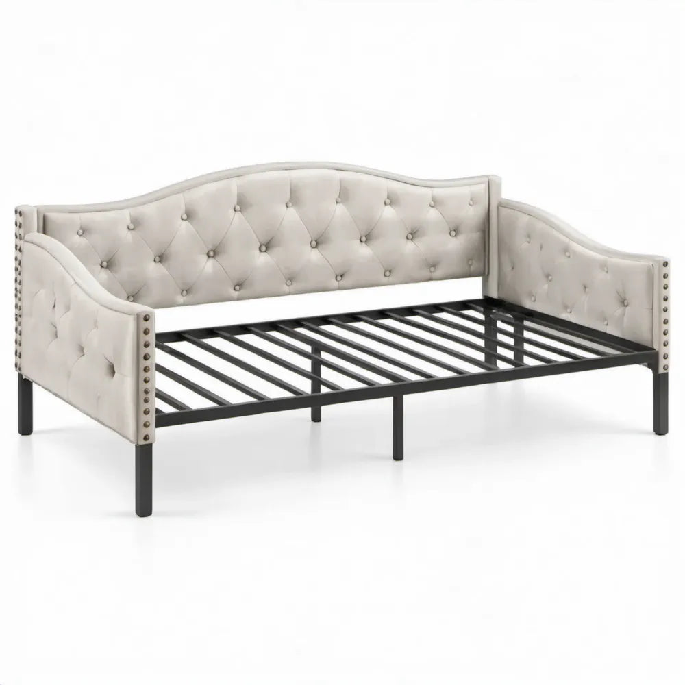 Gestoffeerd bedframe met metalen lattenbodem, beige/zwart, 140 x 200 cm