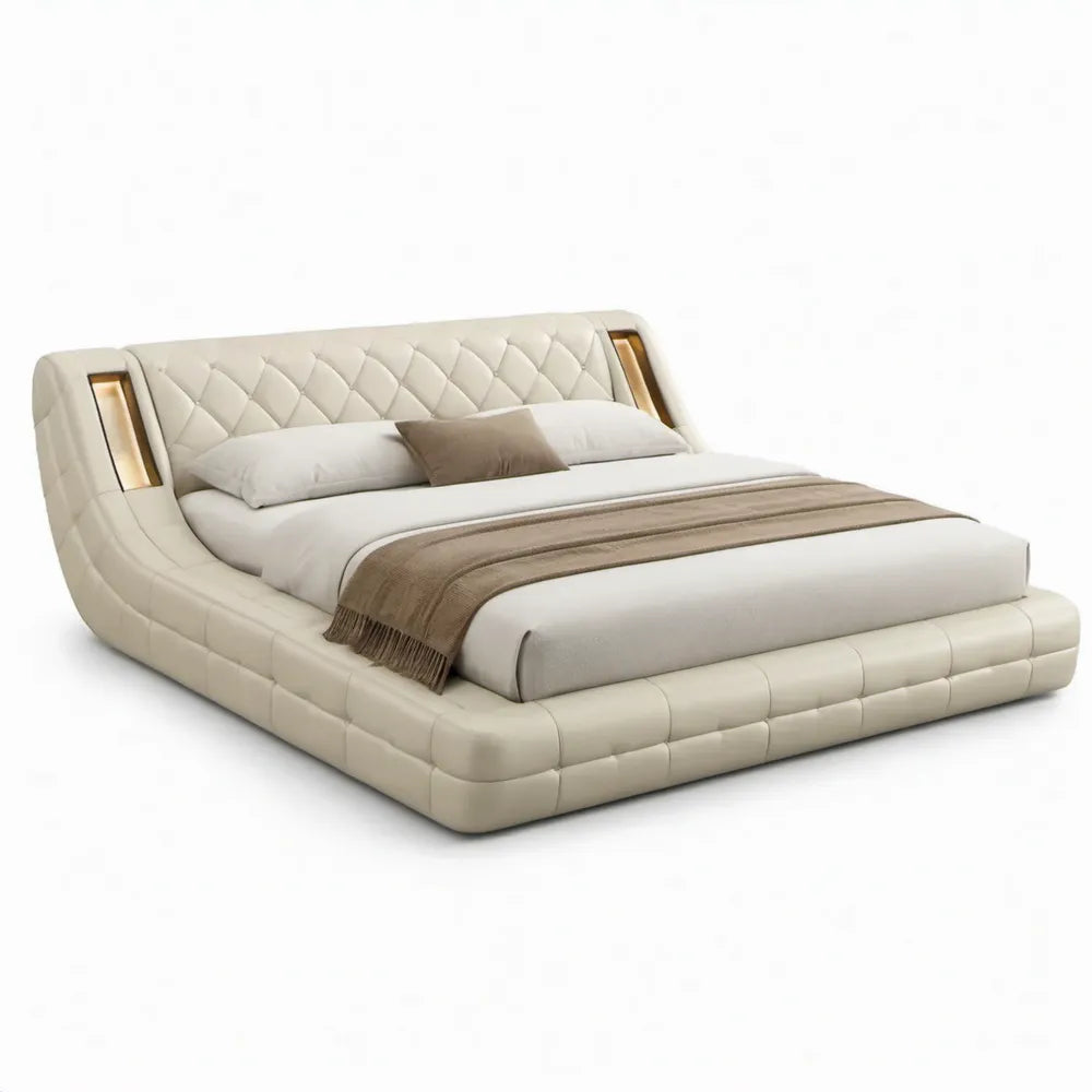 Gestoffeerd tweepersoonsbed 180 x 200 cm crème PU-kunstleer met goudkleurige accenten